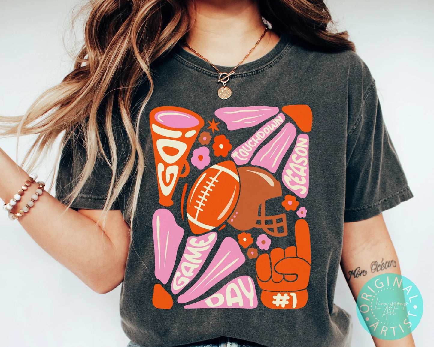 Football-gameday- retro BOBCATS ORANGE AND PINK -Tshirt