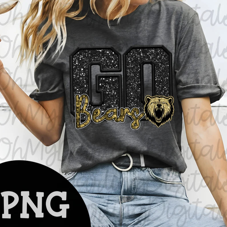 GO BEARS FAUX SEQUIN GLITTER T-SHIRT (BLACK GO AND GOLD BEARS)