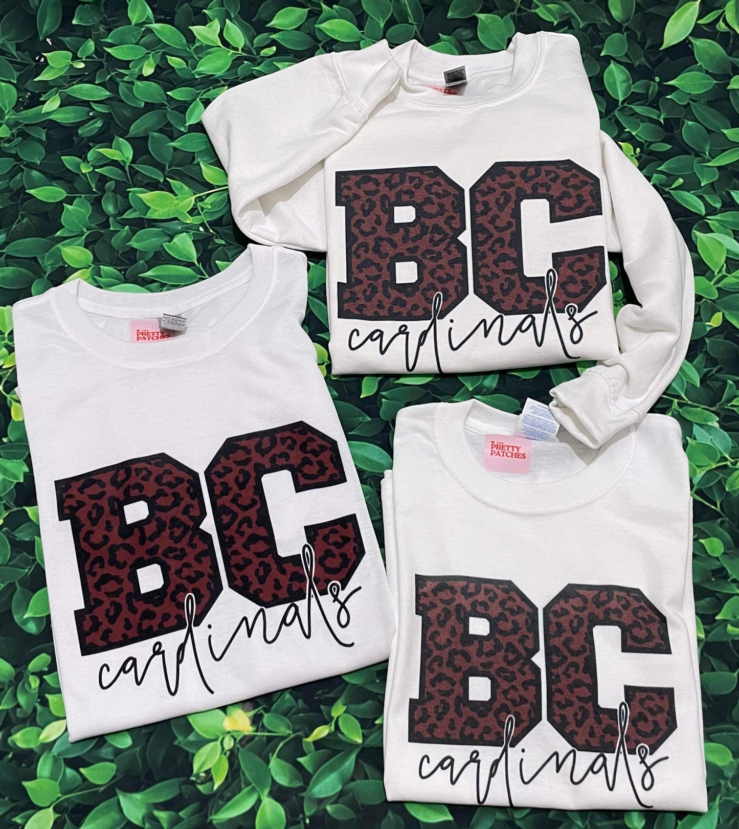 BC cardinals "BC RED CHEETAH, CARDINALS BLACK CURSIVE FONT" T-shirt