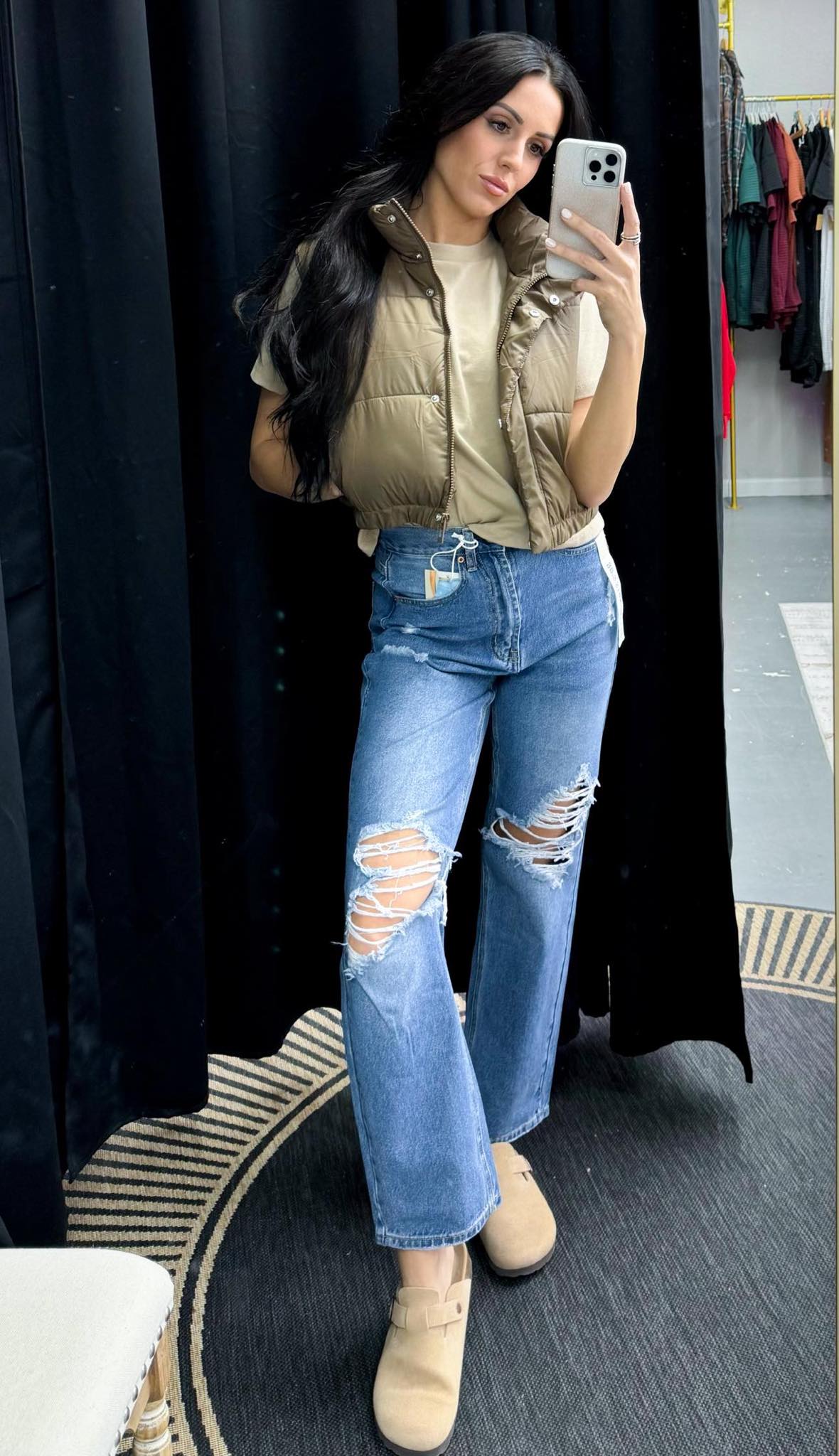 COTTON ELASTIC BACK BAGGY STRAIGHT DENIM JEANS GUPW-271