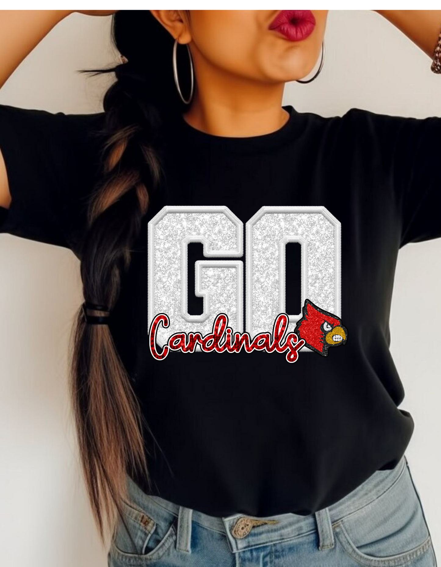 GO CARDINALS FAUX SEQUIN GLITTER T-SHIRT (WHITE GO RED CARDINALS )