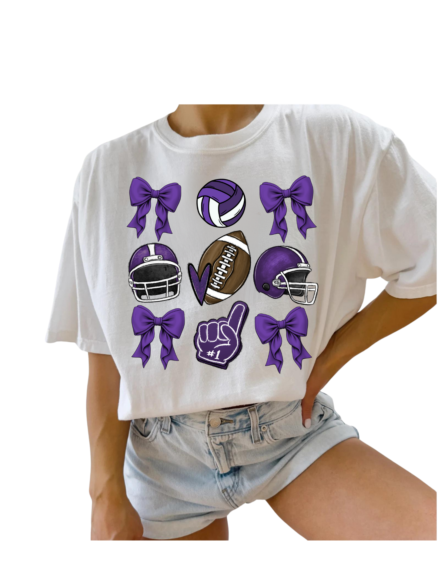 Bows, football and helmet -Volleyball _tshirt (PURPLE AND WHITE)