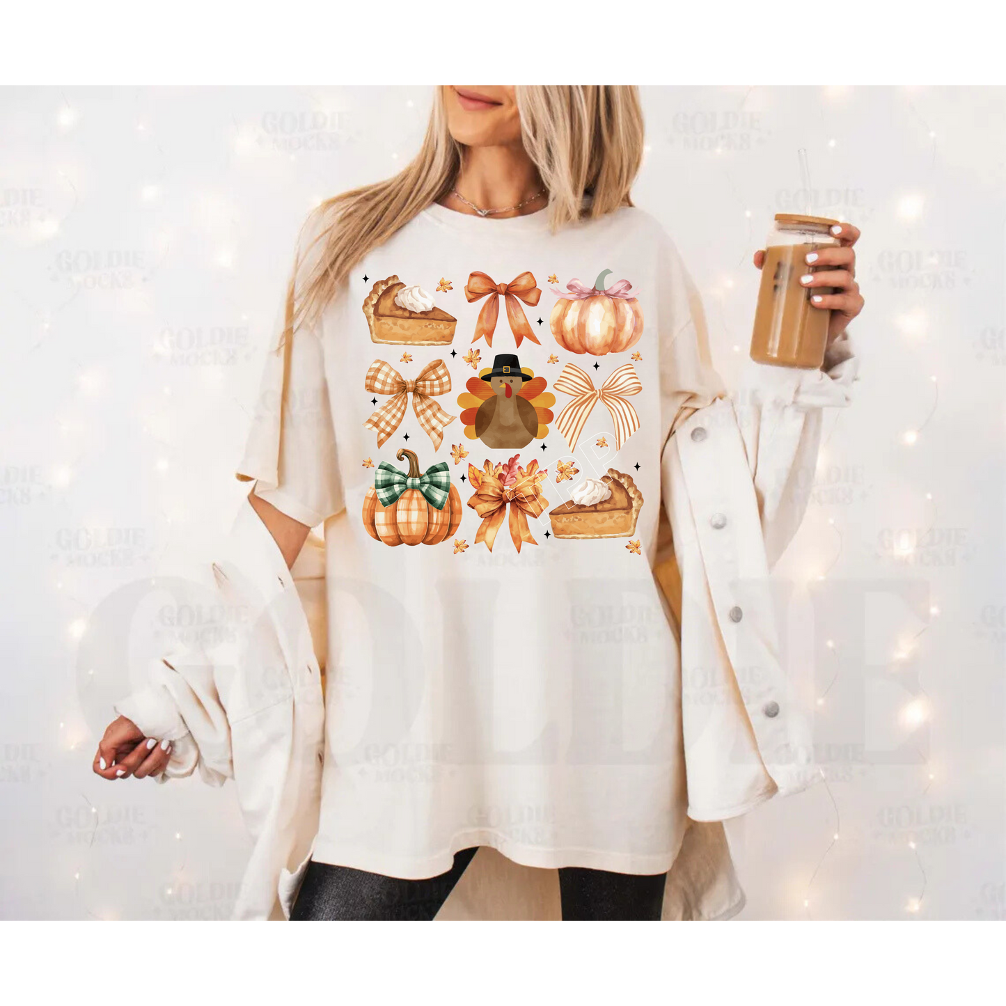Pumpkin pie, orange bow, pumpkin turkey in the center T-shirt (BELLA AND COLOR COMFORT