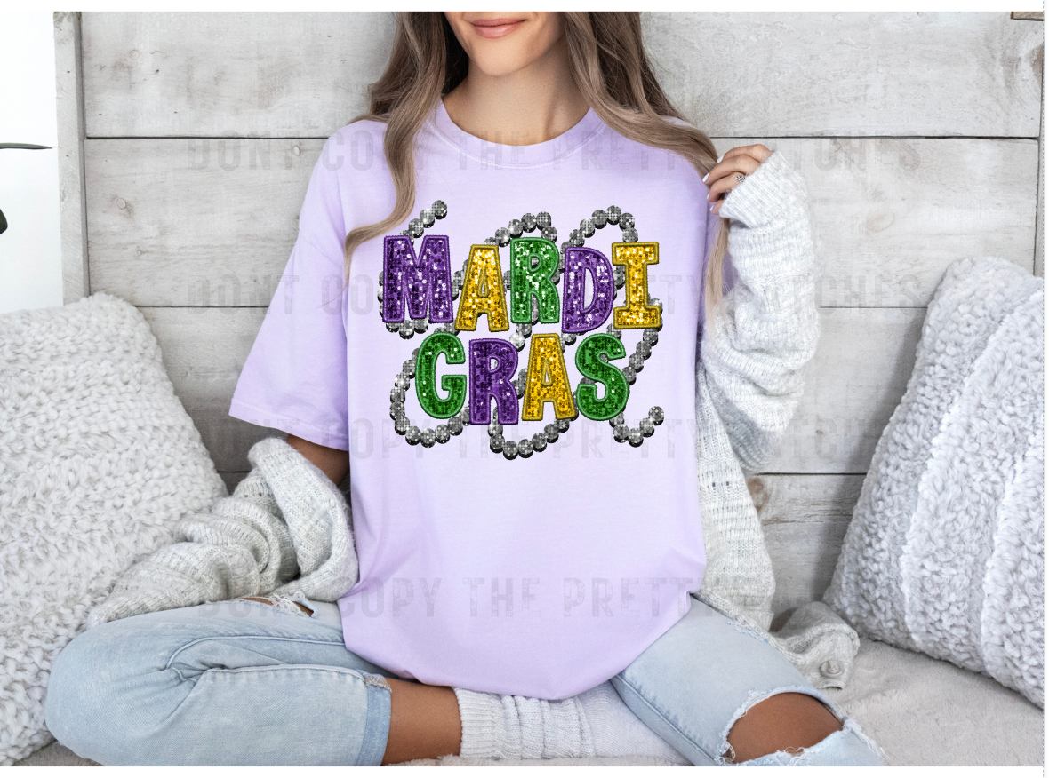Mardi Gras with faux sequin and DTF
