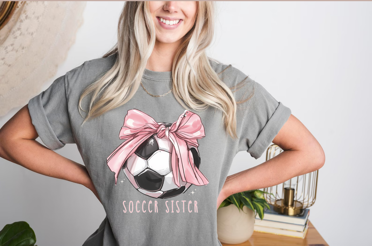 Soccer Sister with Dainty Pink Bow - T SHIRT - (Comfort Color)