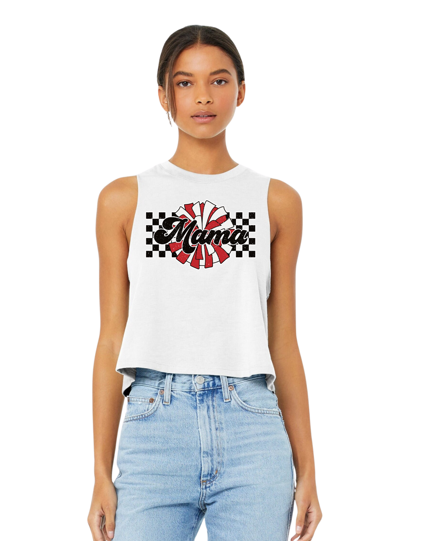 Cheer Mama retro squares and ORANGE and white pom pom