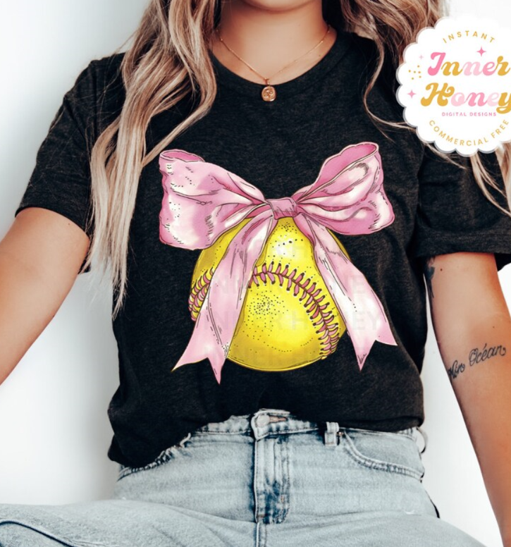 Vintage softball and pink bow Tee shirt (GILDAN ONLY)
