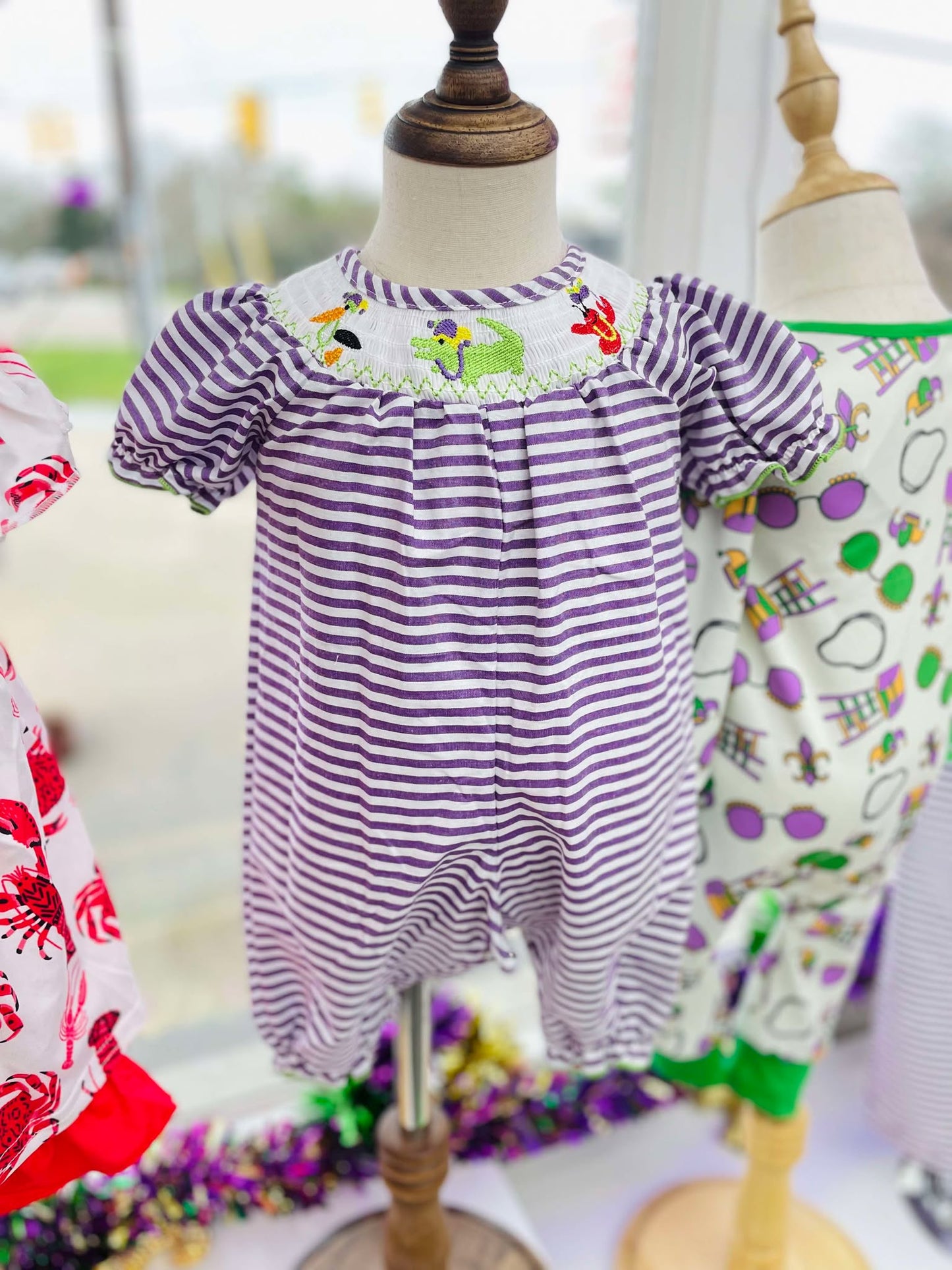 Mardi Gras Smocked Baby Romper 47606