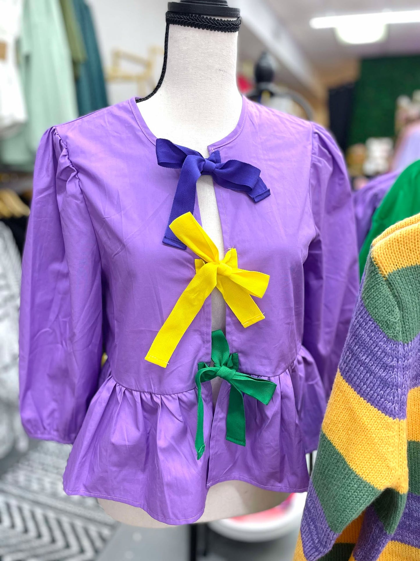 MARDI GRAS OPEN FRONT BABYDOLL TOP BLOUSE WITH BOW DETAIL TP9892