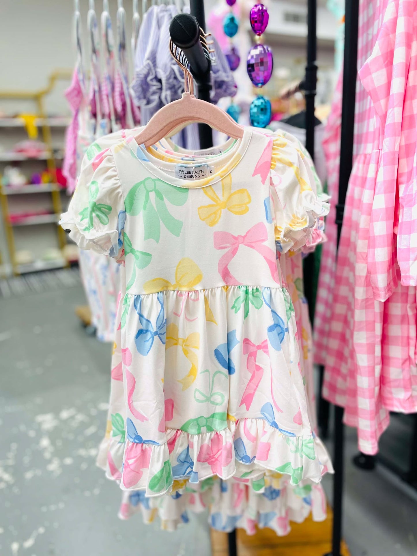 Easter Colorful Bow Print Puff Sleeves Girls Dress DRG50462