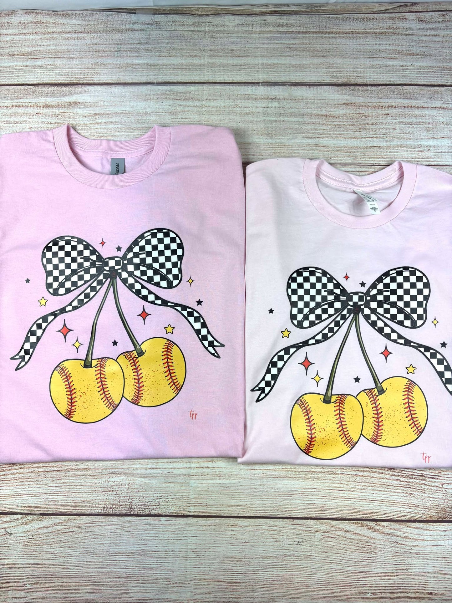 Softball Cherries & Bow - T SHIRT - (Jerzee/Gildan)