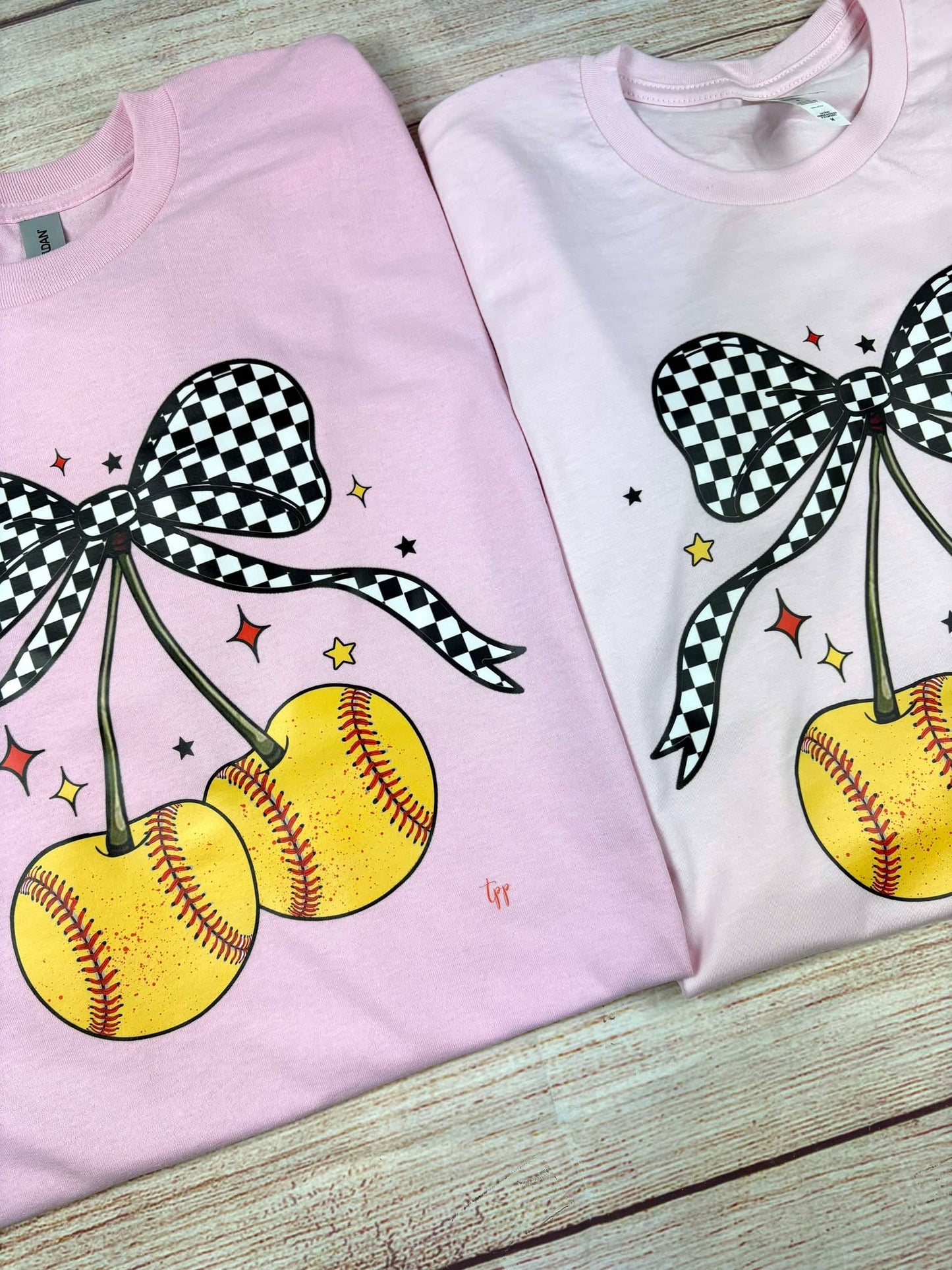 Softball Cherries & Bow - T SHIRT - (Jerzee/Gildan)