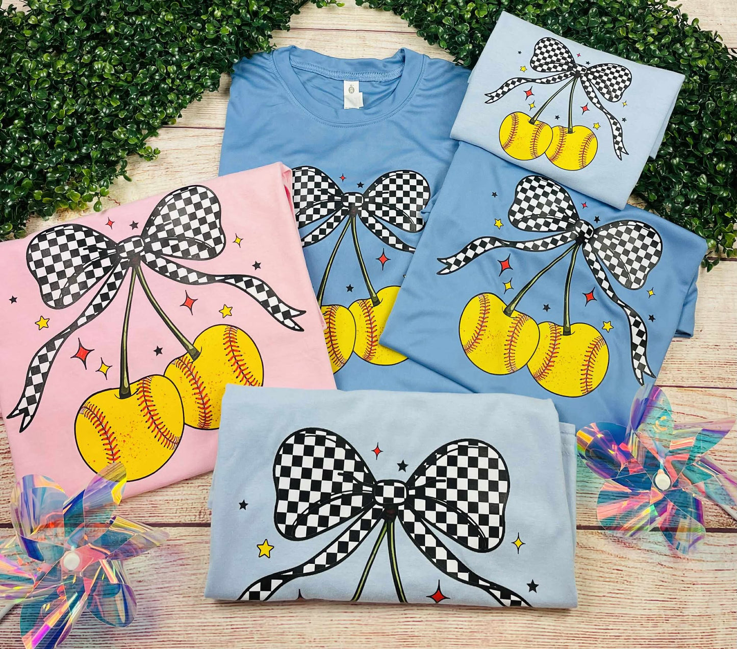 Softball Cherries & Bow - T SHIRT - (Jerzee/Gildan)