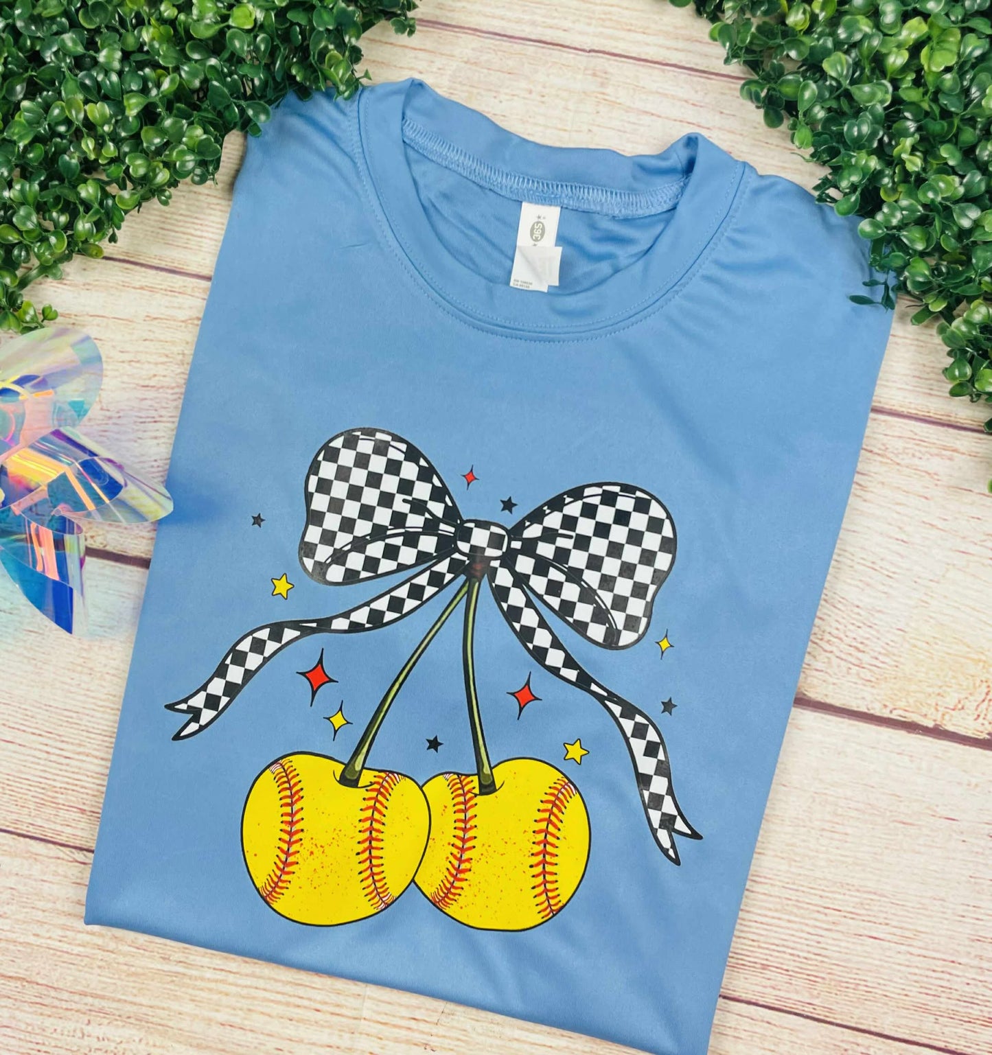 Softball Cherries & Bow - T SHIRT - (Jerzee/Gildan)