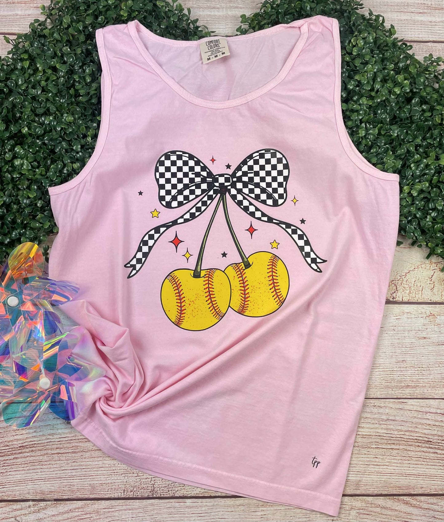 Softball Cherries & Bow - T SHIRT - (Jerzee/Gildan)