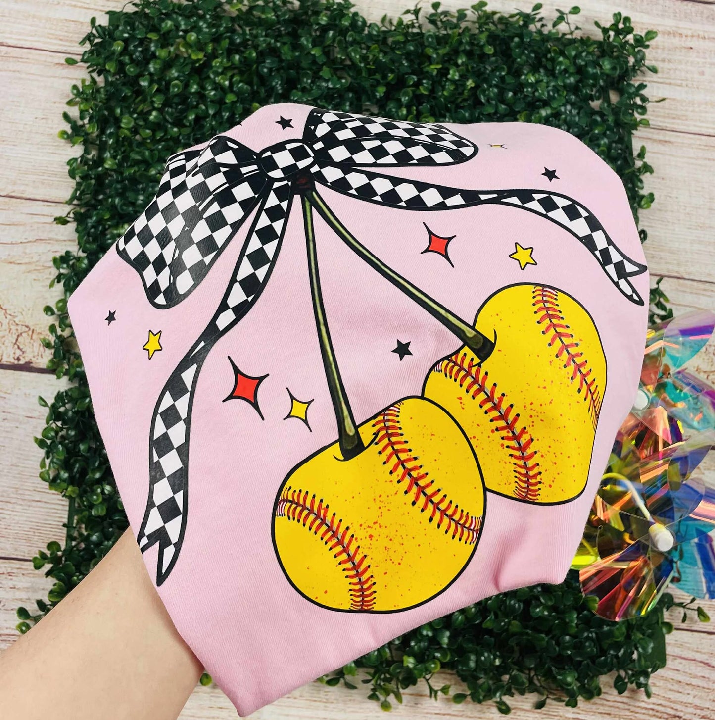 Softball Cherries & Bow - T SHIRT - (Jerzee/Gildan)