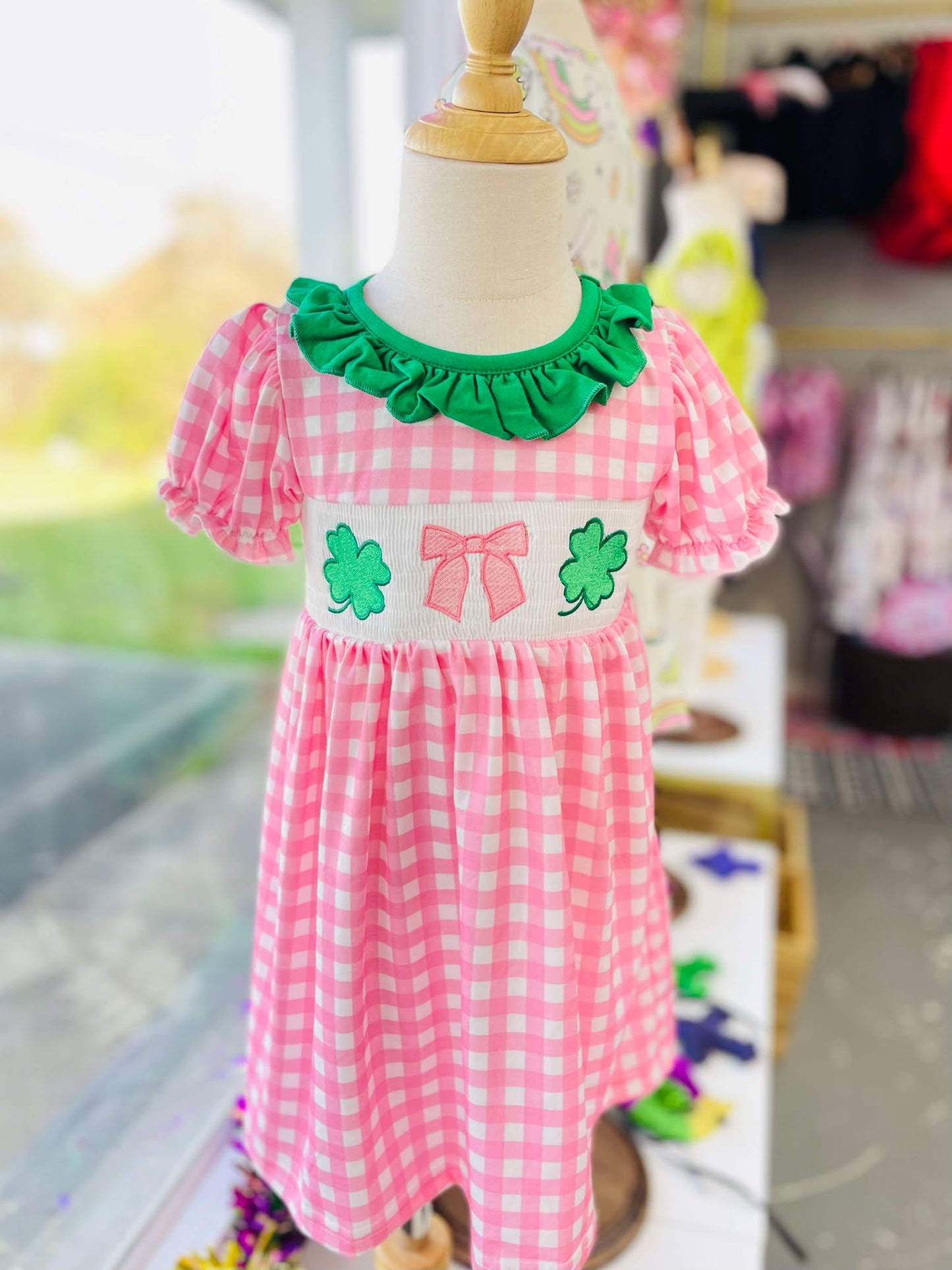 St. Patrick's Day Smocking 4-leaf Clover Plaid Bow Embroidered Dress DRG43529