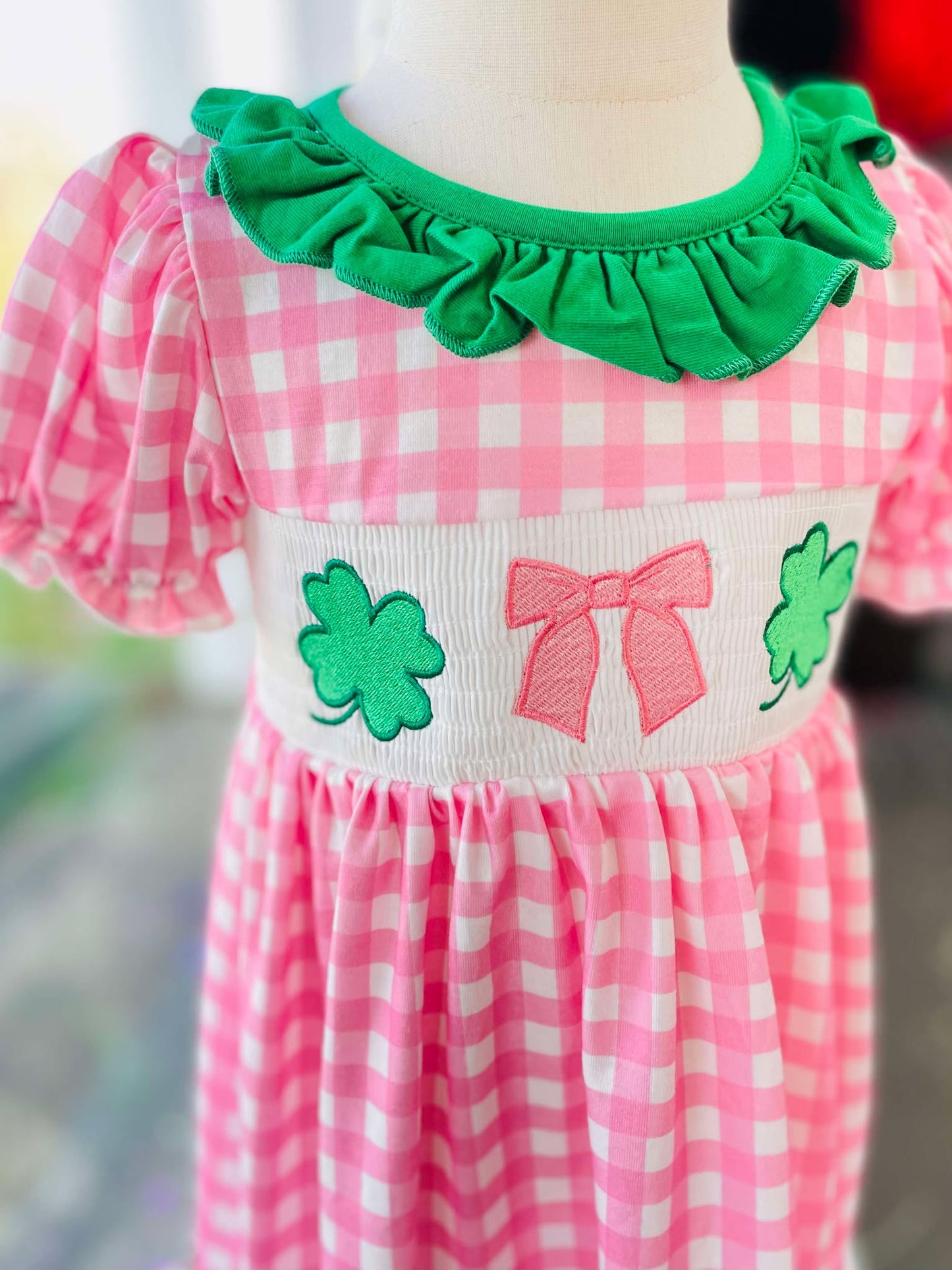 St. Patrick's Day Smocking 4-leaf Clover Plaid Bow Embroidered Dress DRG43529