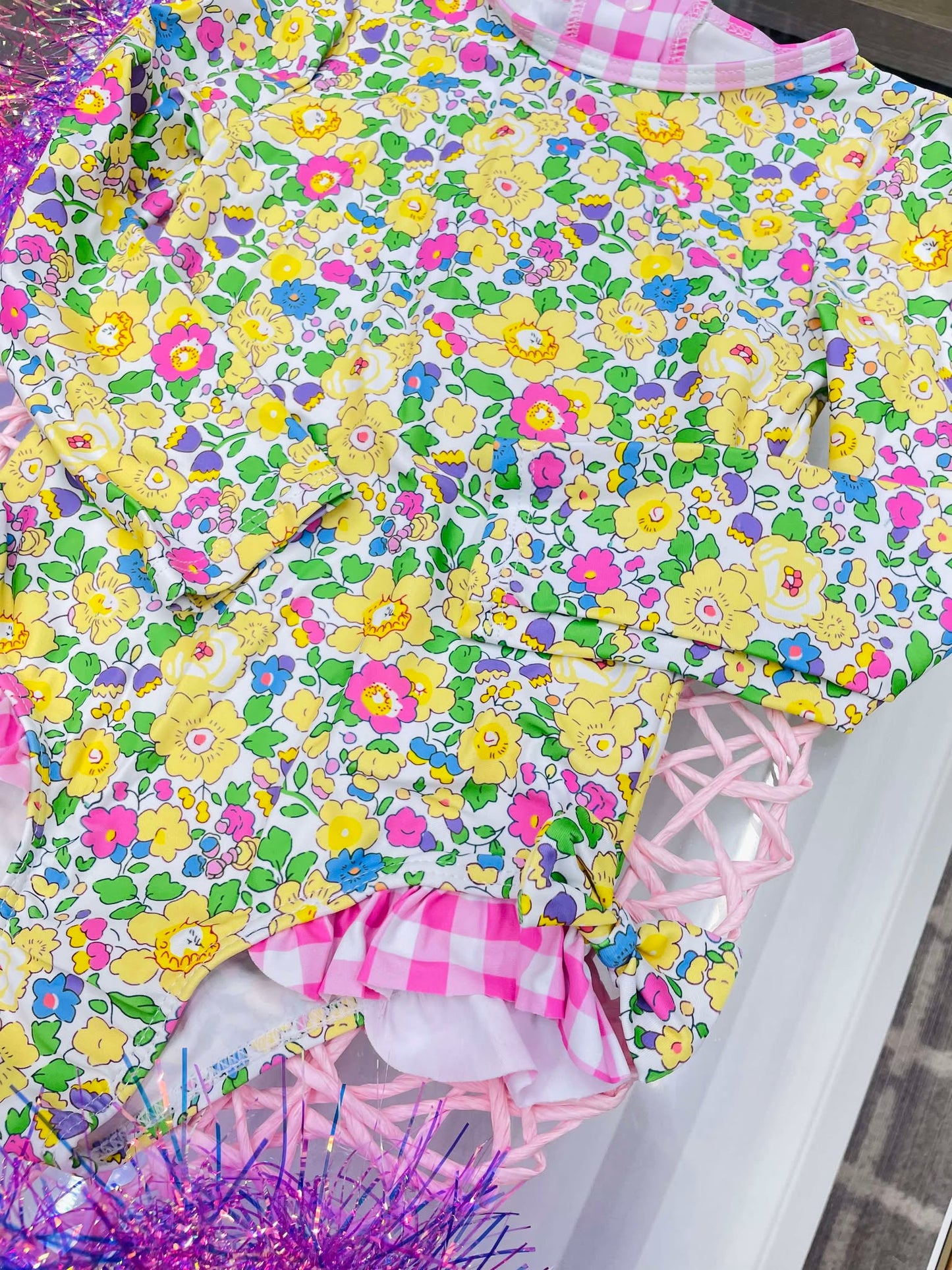 Long sleeves yellow floral pink plaid baby girls swimsuit S0191
