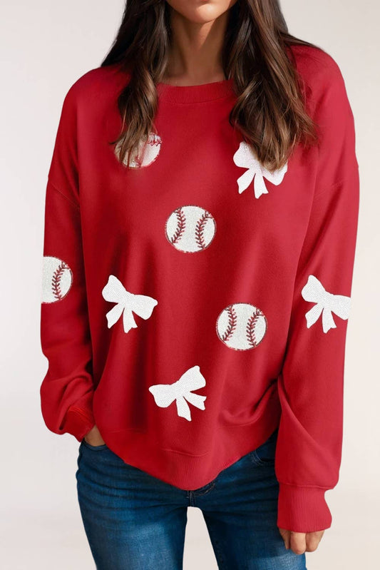 LA Society - Sequin Baseball Bow Patched Pattern Game Day Sweatshirt- 010826br1