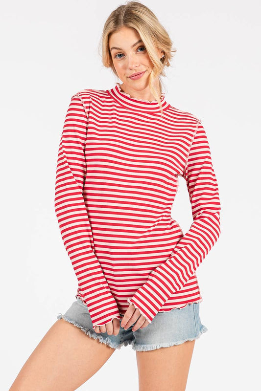 REVERSED STITCH RIBBED STRIPE LONG SLEEVE TOP-RSRSLS