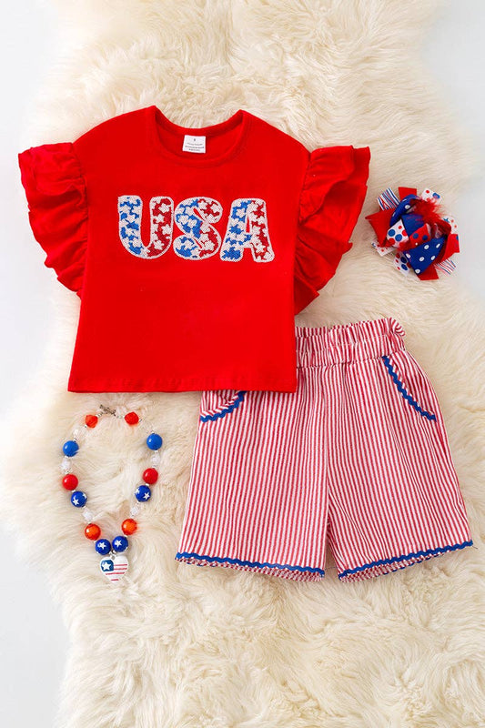 Girl’s Set USA Sequin Appliqué Red Top & Stripe Shorts OFG596
