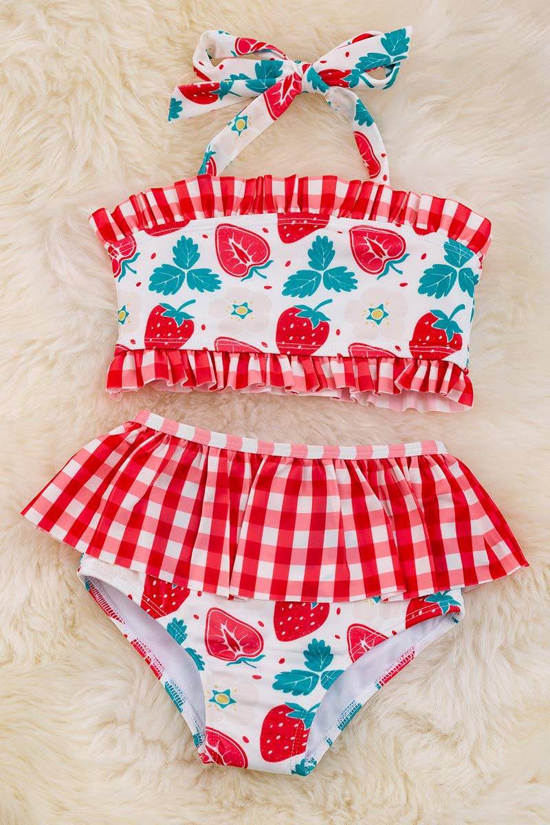 Strawberry printed swim set w/plaid ruffle.  SWG25134001