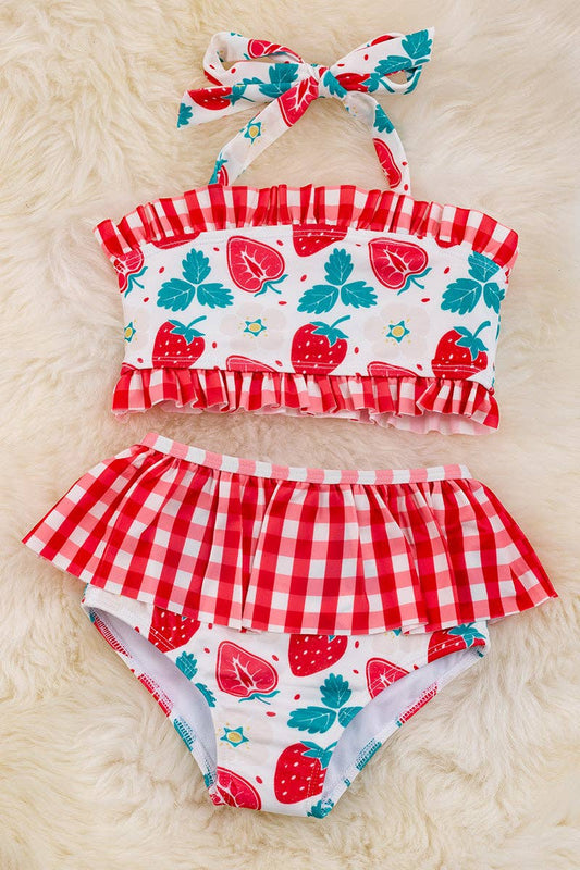 Strawberry printed swim set w/plaid ruffle.  SWG25134001