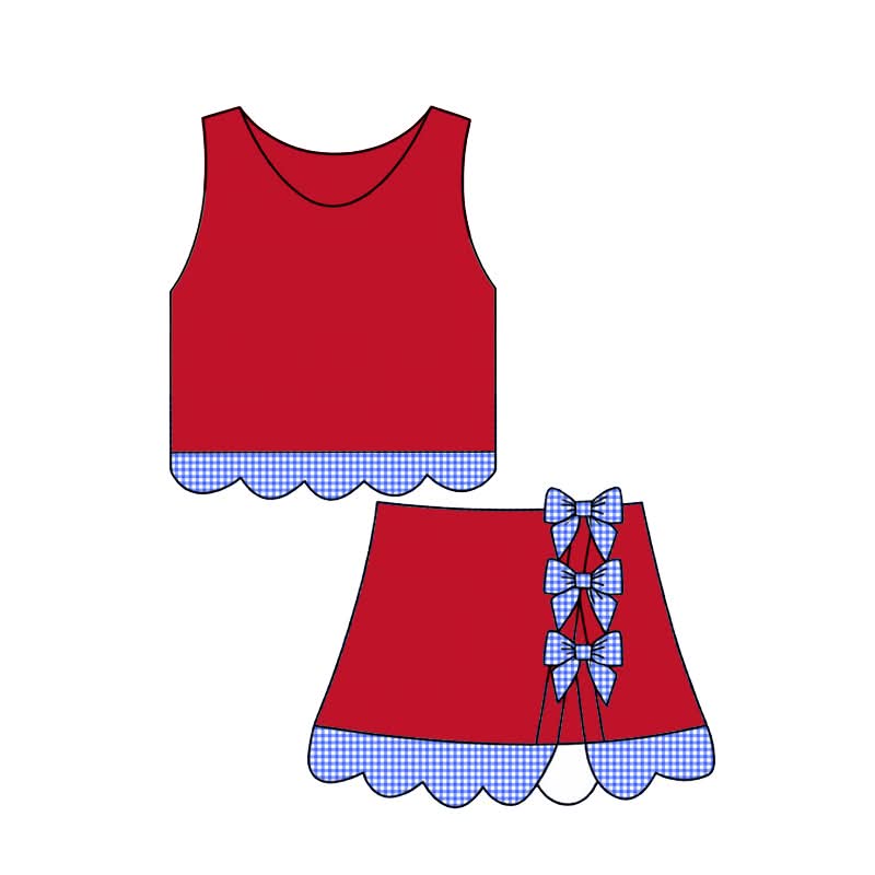 (IN STORE) RED AND LIGHT BLUE (NO TEAM) GINGHAM SCALLOP ATHLETIC SKORT SET -071126DS-KRV(TRUSTED)