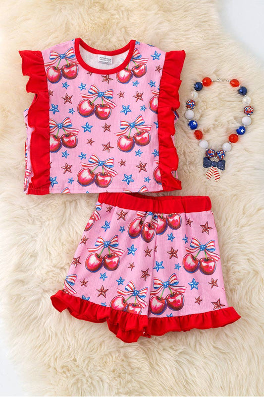 Girl’s Patriotic Cherry Print Pink Set OFG5481