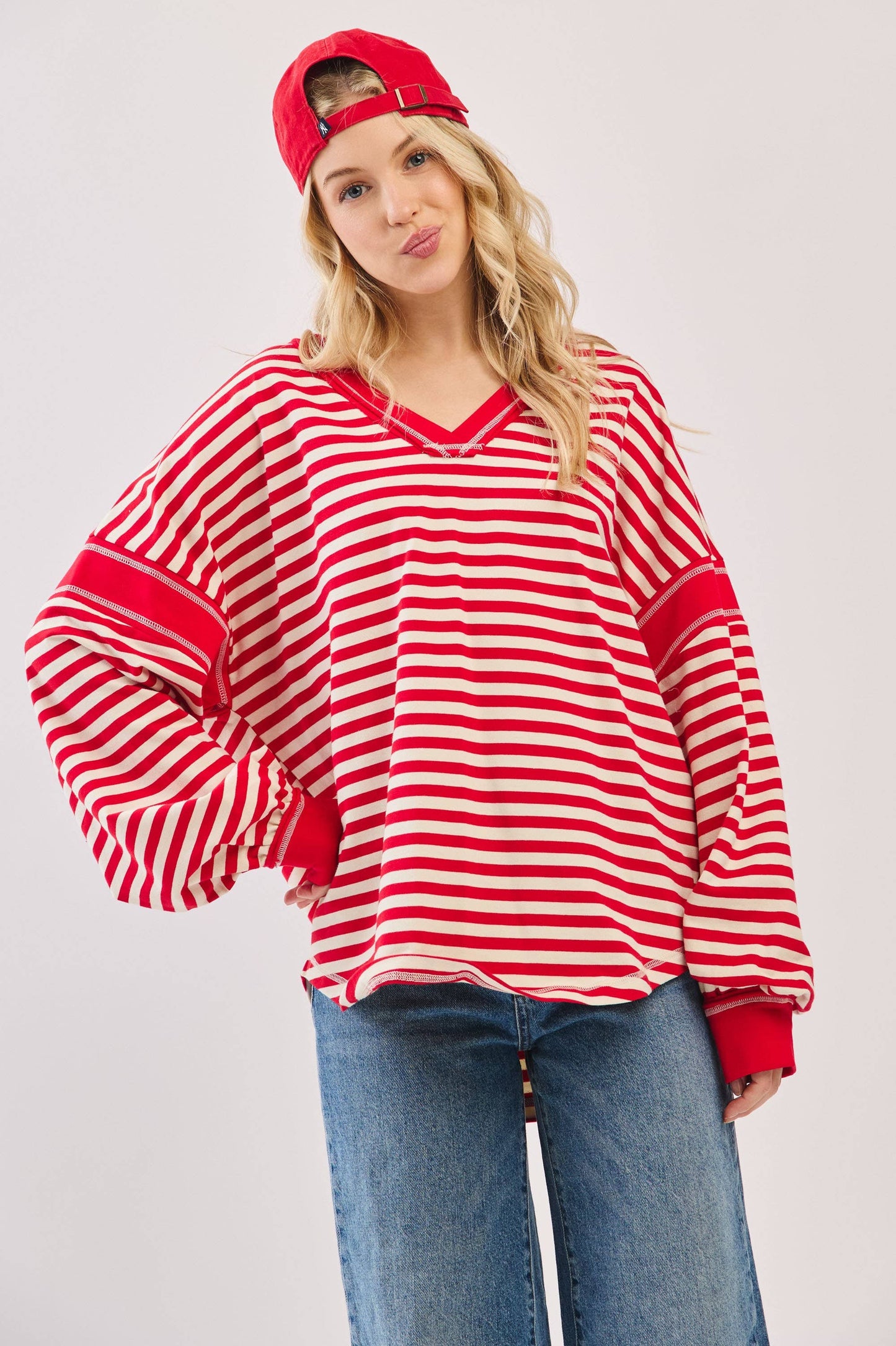 Striped Balloon Sleeve V-Neck Knit Top-SBSVK