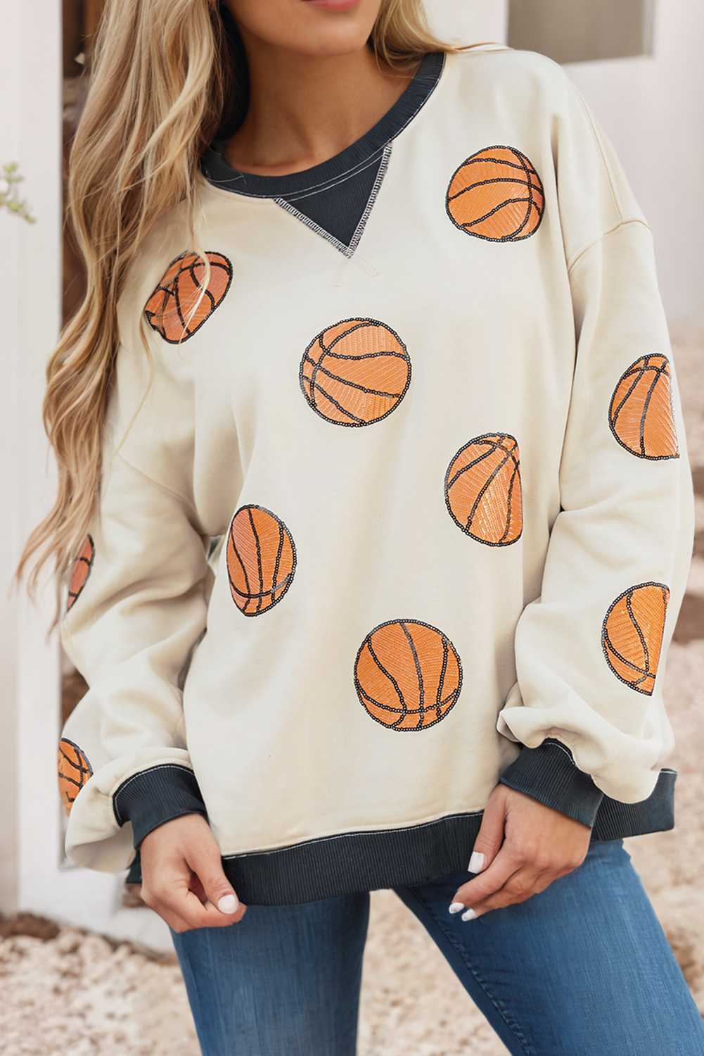 Sequin Basketball Graphic Colorblock Edge Sweatshirt 18231