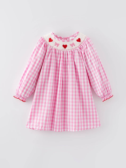 Valentine's Day Heart Bow Smocking Embroidered Pink Dress - DRG50055