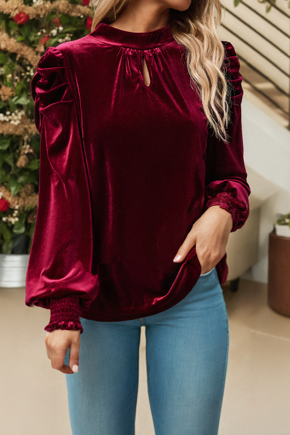 LDC Mock Neck Puff Sleeve Velvet Blouse P309