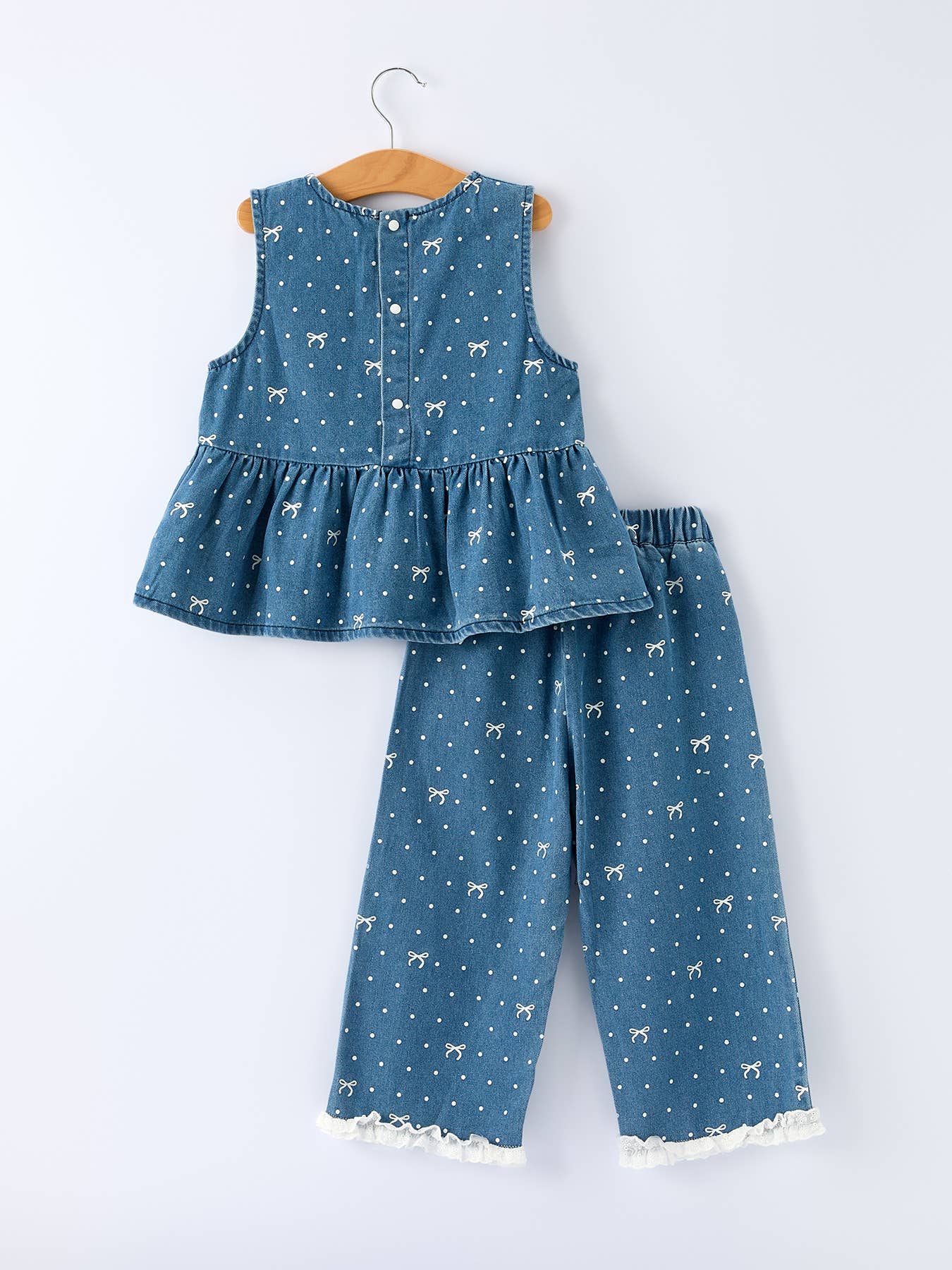 Spring Bow Dot Denim Ruffle Top and Pants Set02182026MG1