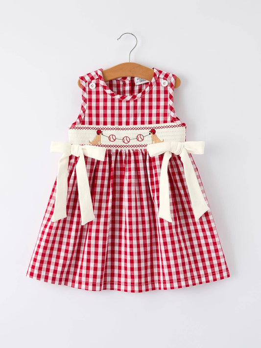 Mommy & Me Girl Dress Dog Baseball Smocking Embroidery Outfit 011226AJ