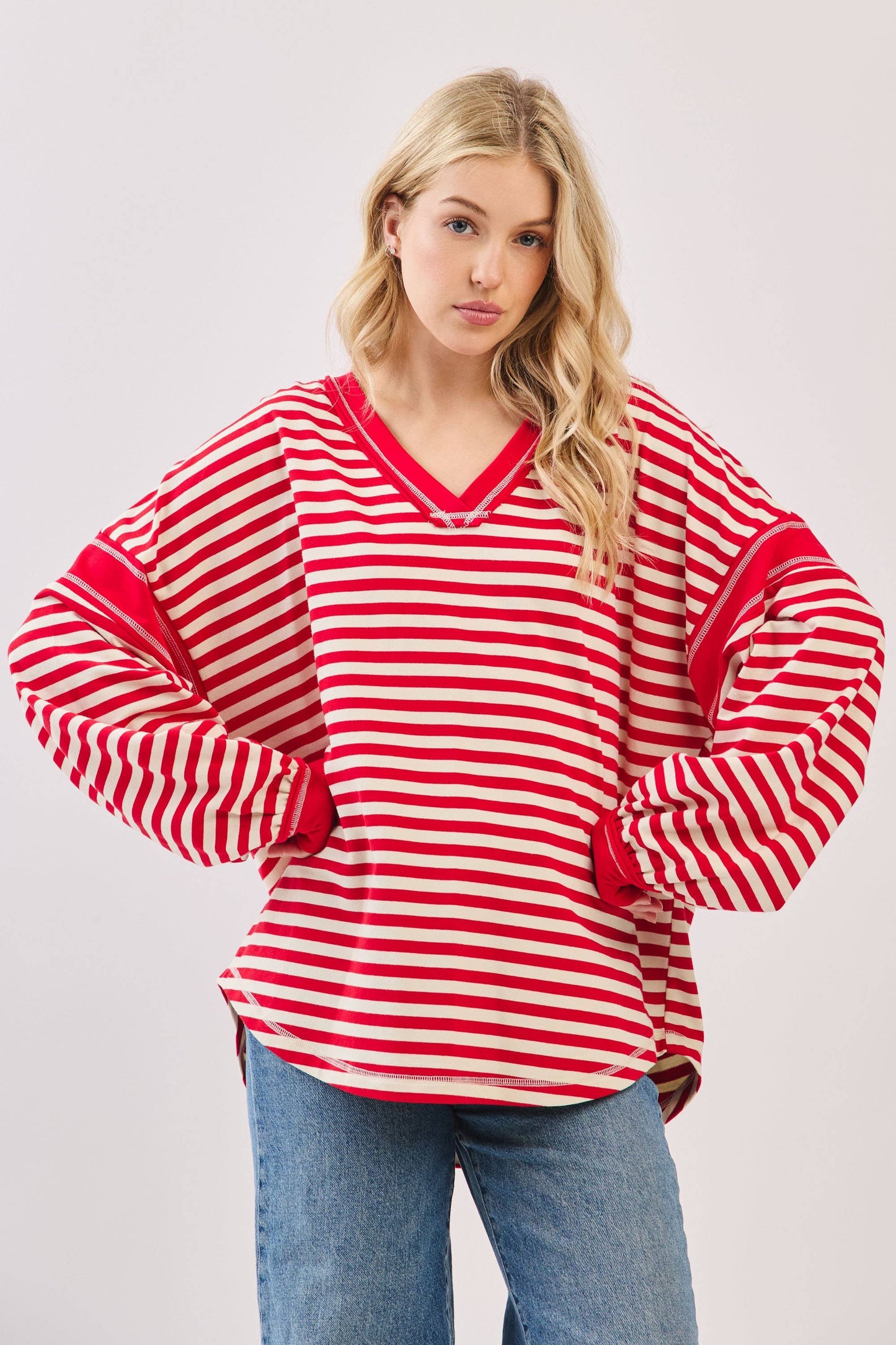 Striped Balloon Sleeve V-Neck Knit Top-SBSVK
