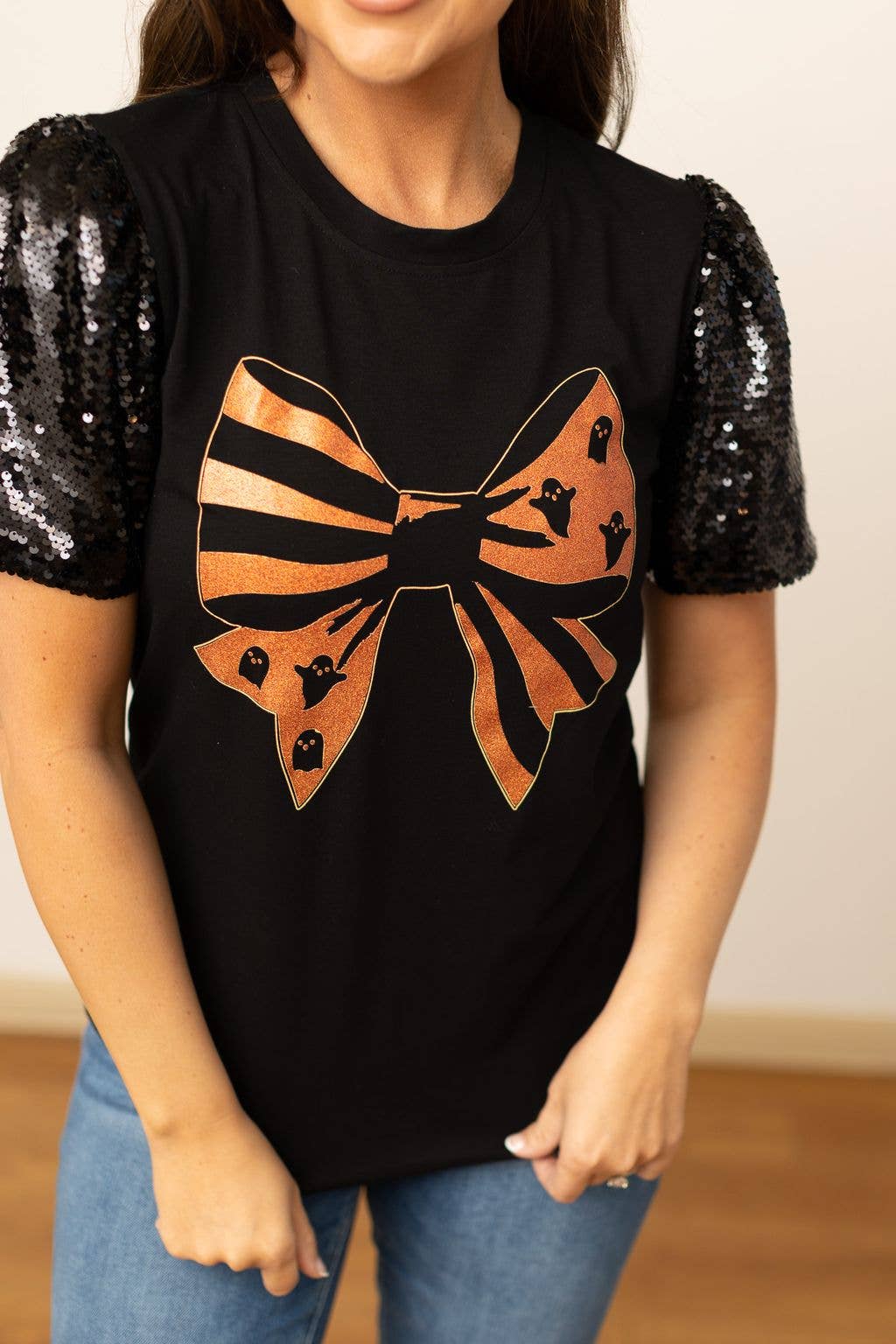 Halloween Bow on Black Top With Sequins Puff Sleeve  7877B