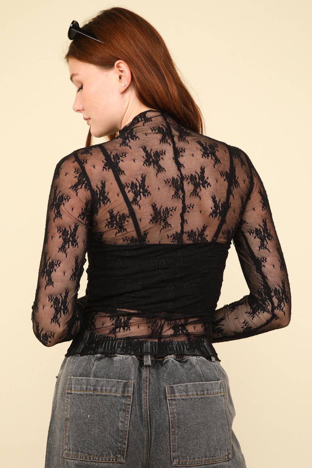 High Neck Fitted Sheer Mesh Lace Knit Top 11909