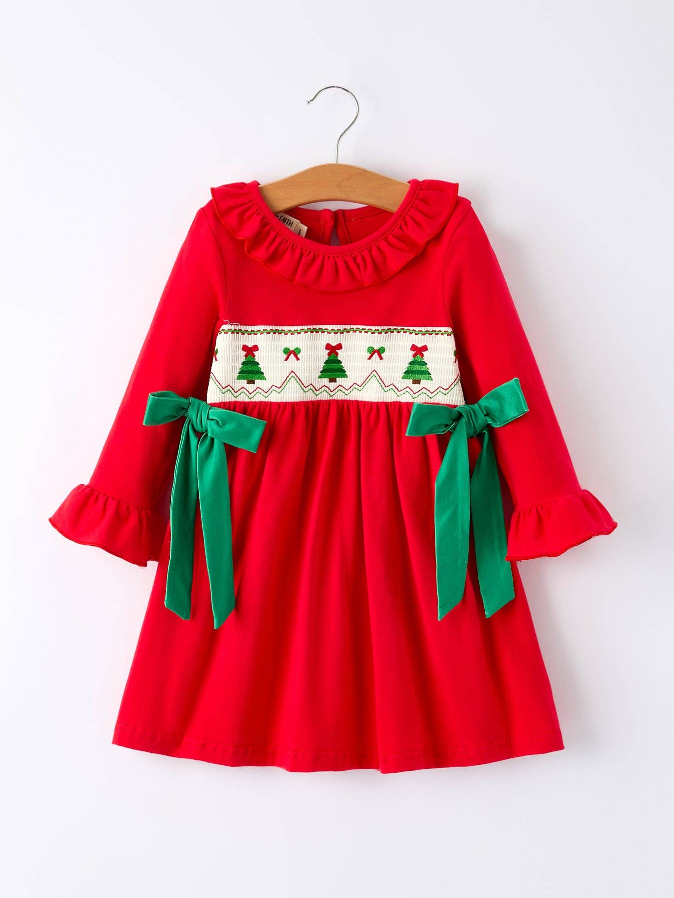 Rylee Faith Designs - Christmas Smocked Dress with Green Bow and Tree Embroidery-101825jb