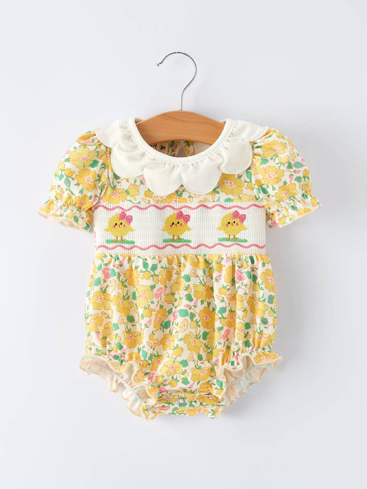 Easter Yellow Chick Embroidery Floral Baby Girl Romper AJ12126
