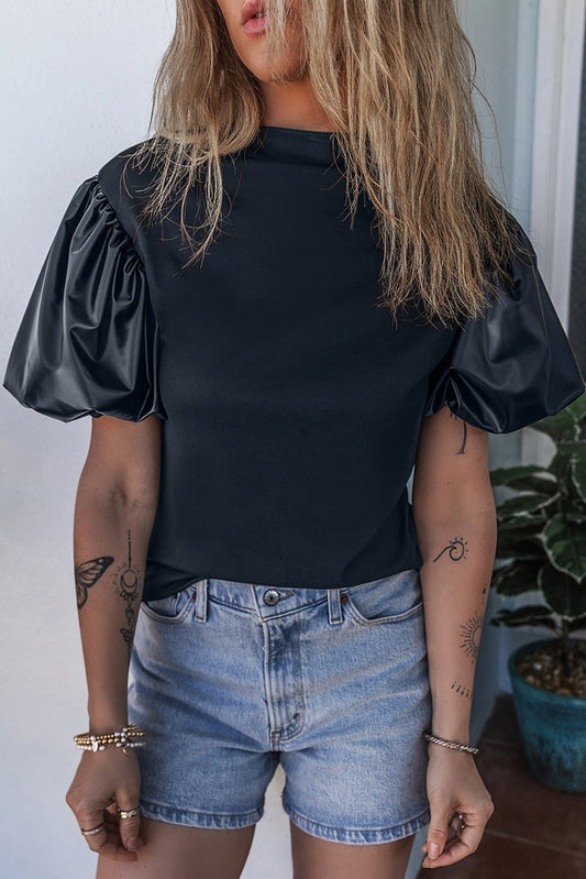 Faux Leather Puff Short Sleeve Mock Neck Blouse