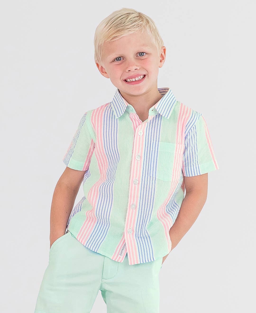 Boys Multi-Color Seersucker Short Sleeve Button Down Shirt  09887