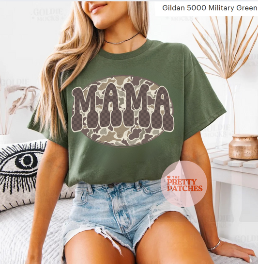 Checkered & Camo Mama 🤎 - TSHIRT- (Gildan)