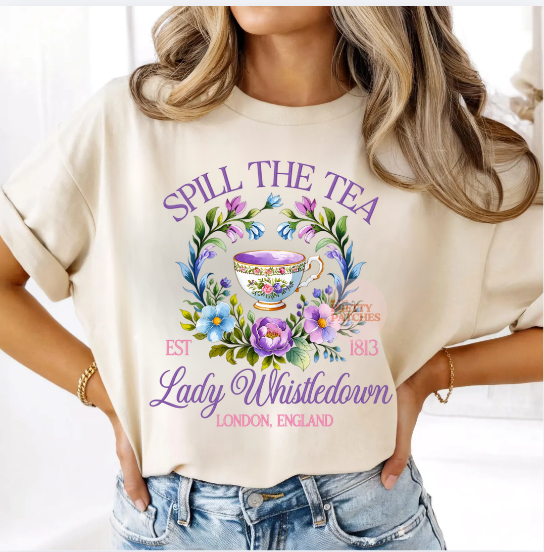 SPILL THE TEA LADY WHISTLEDOWN FLORAL TEA CUP 1-101526------(T SHIRT) ------- (COMFORT COLORS) - 101526KRV