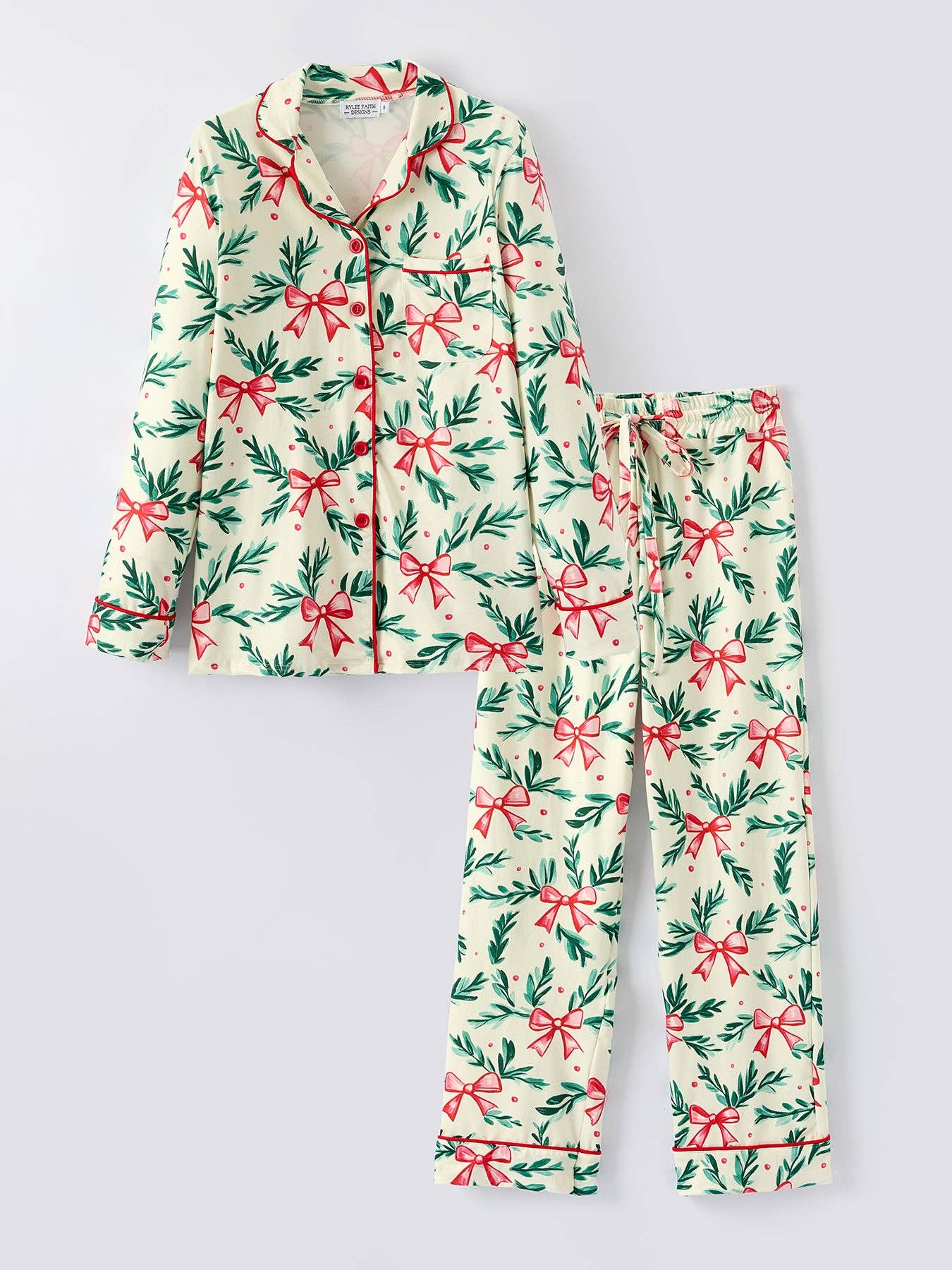 Rylee Faith Designs - Mommy & Me Christmas Bow and Holly Print Pajama Set-112525br