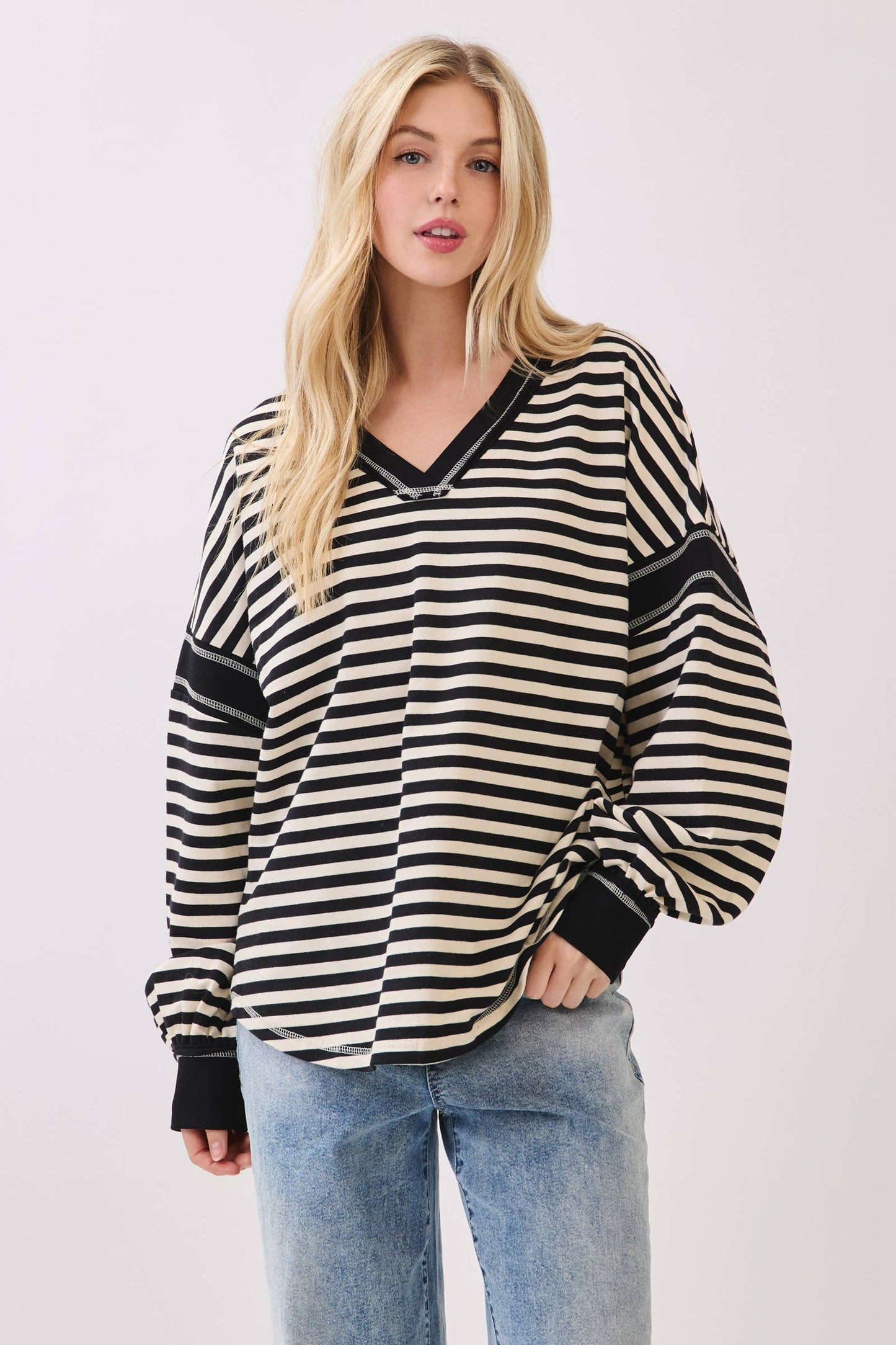 Striped Balloon Sleeve V-Neck Knit Top-SBSVK