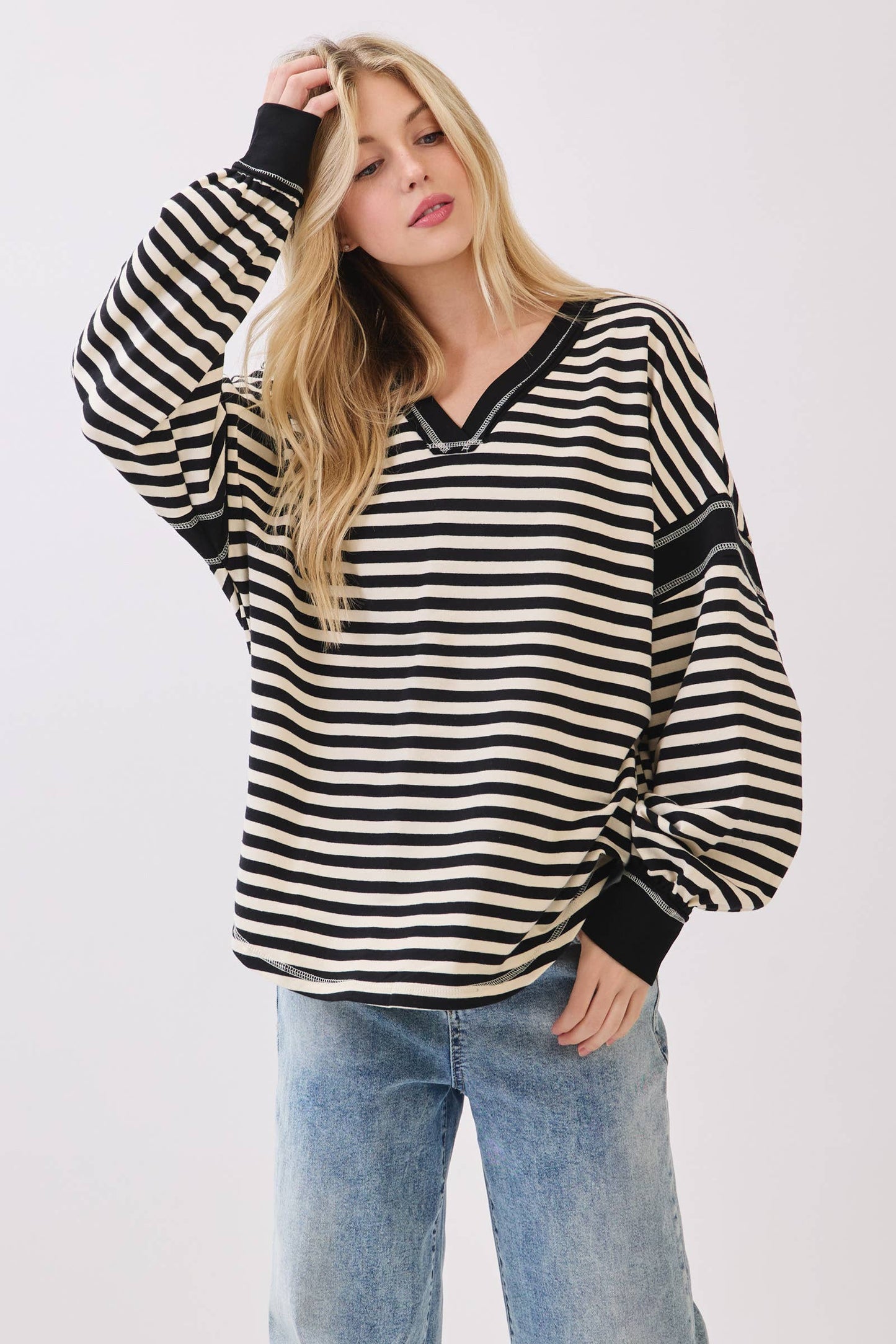 Striped Balloon Sleeve V-Neck Knit Top-SBSVK