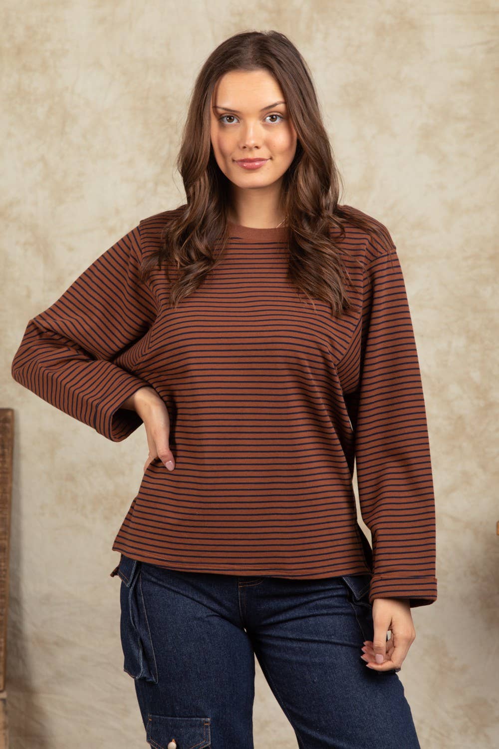 Frenchy Terry Striped Casual Knit Top 11125