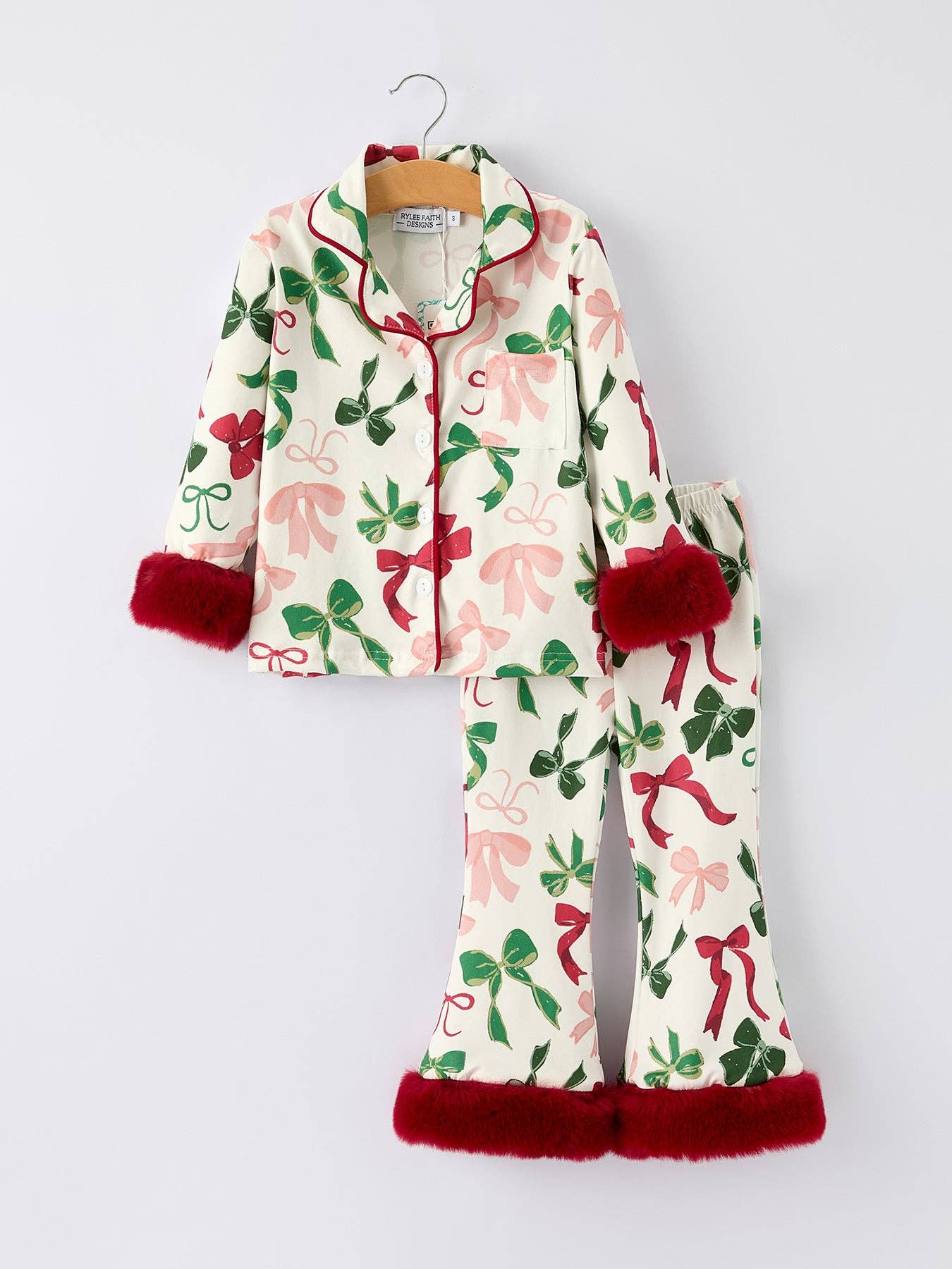 Holiday Bow Print Christmas Pajama Set – Girls Cozy Red Trim Sleepwear 103025AS